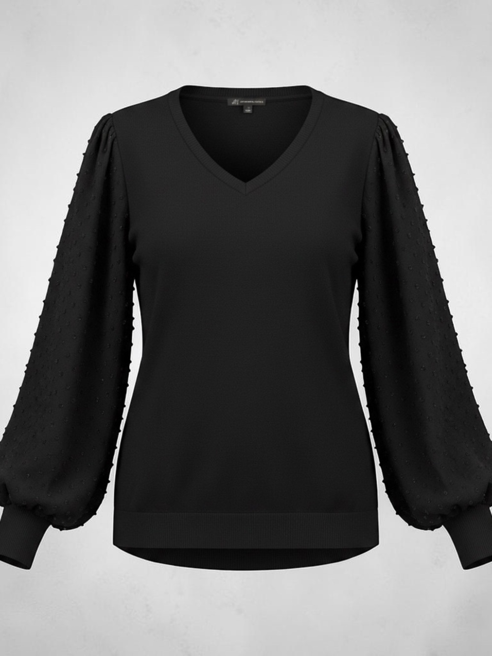 Adrianna Papell Black V-Neck Textured Balloon Sleeve Sweater